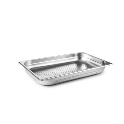 Cubeta perforada 1/1 de acero inoxidable para hostelería, medidas 530 x 325 mm, ideal para escurrir y lavar alimentos